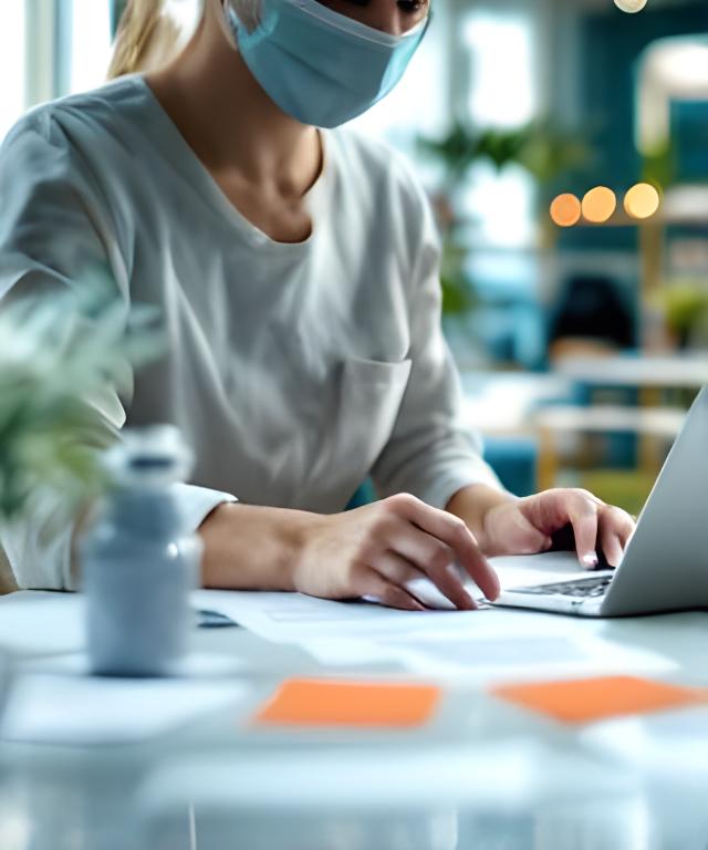 Cleaning coordinator reviewing client notes in a bright New York office with a laptop and printed schedule
