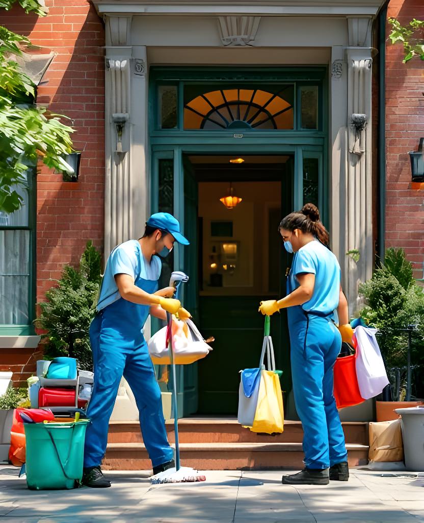 Cleaning team preparing supplies beside a Brooklyn brownstone entryway in bright morning light