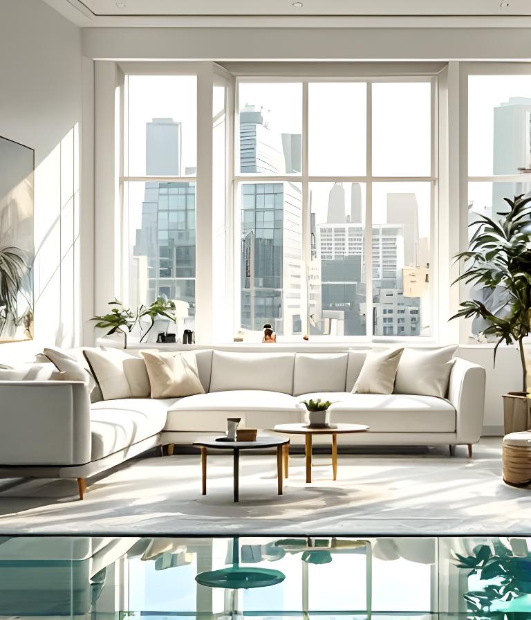 Sparkling modern New York apartment living room with sunlit windows and polished surfaces