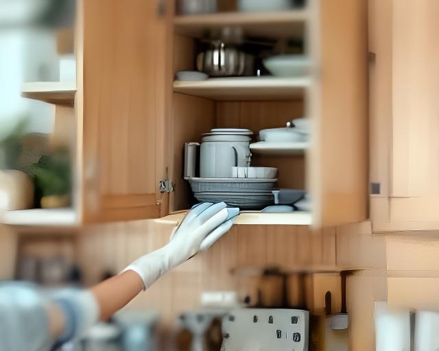 Cleaner wiping the inside of kitchen cabinets in a compact New York home with organised shelves