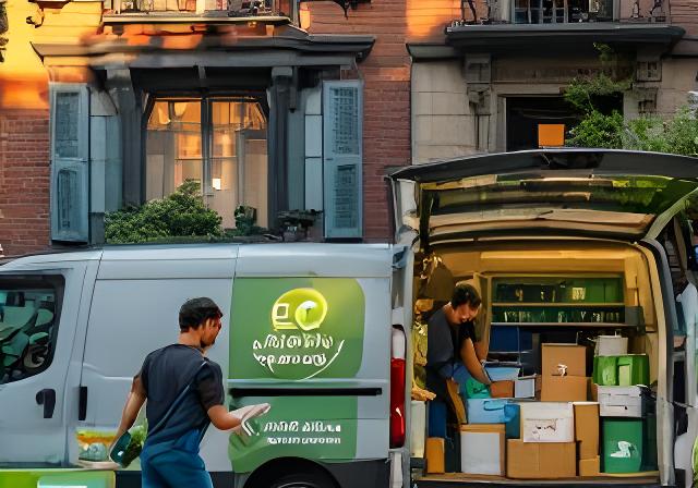 Local team members loading eco-friendly supplies into a service van outside a New York brownstone