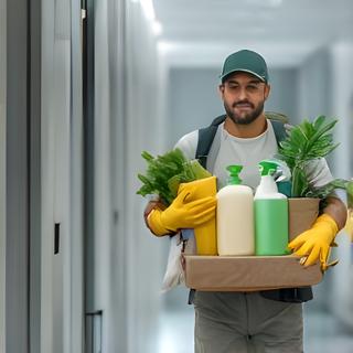 Crew member Dante Williams carrying eco-friendly cleaning supplies through an office corridor